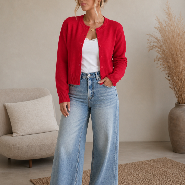Damen Strickjacke Rundhals Einfarbig Klassisch