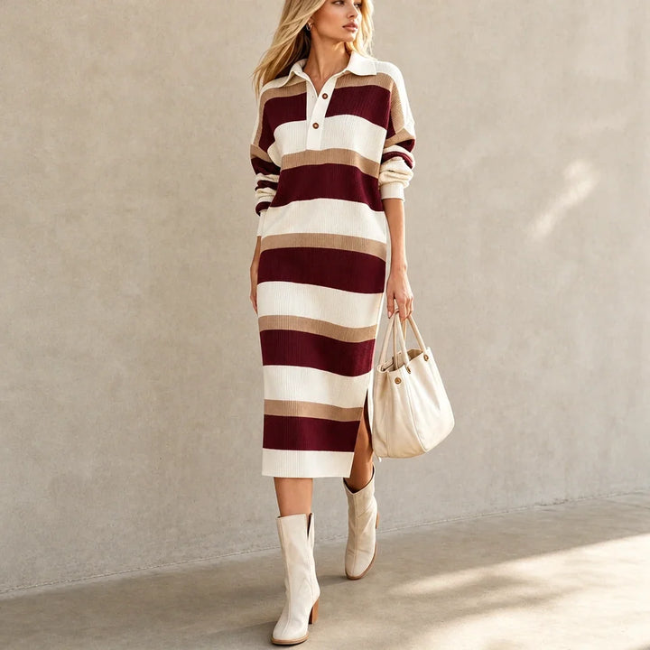 Strickkleid mit Polokragen und Streifen