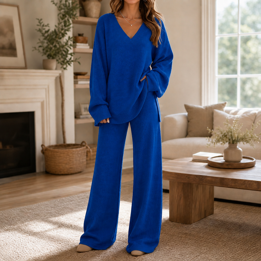 Damen Set V-Ausschnitt Pullover Und Weite Hose