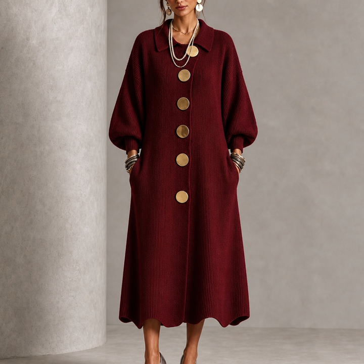 Damen Rippstrick Maxikleid Mit Laternenärmeln Und Goldenen Knöpfen