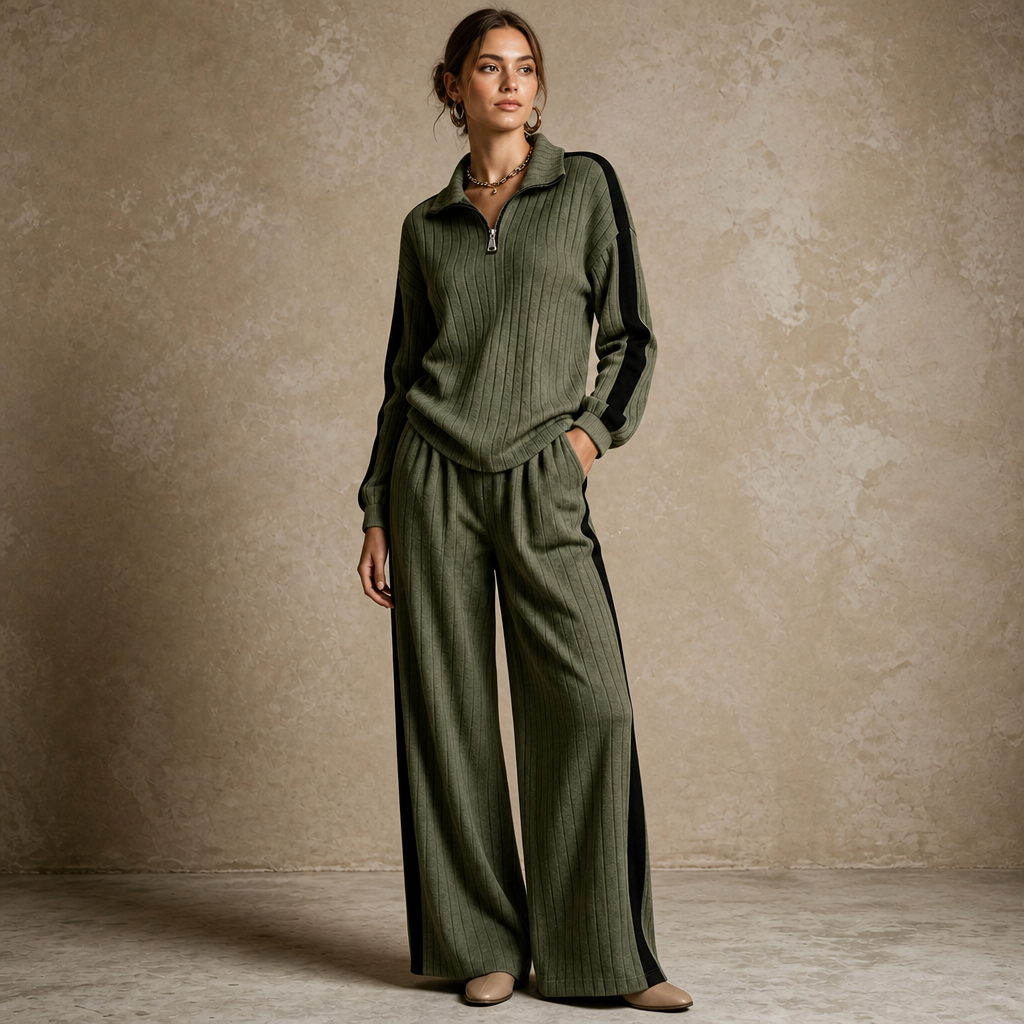 Damen Loungewear-Set geripptes Oberteil mit Halbreißverschluss und weiter Hose
