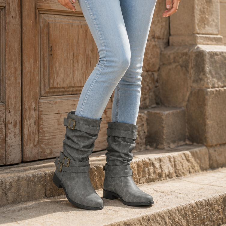 Damen Slouchy Stiefel Wadenhoch Mit Schnalle