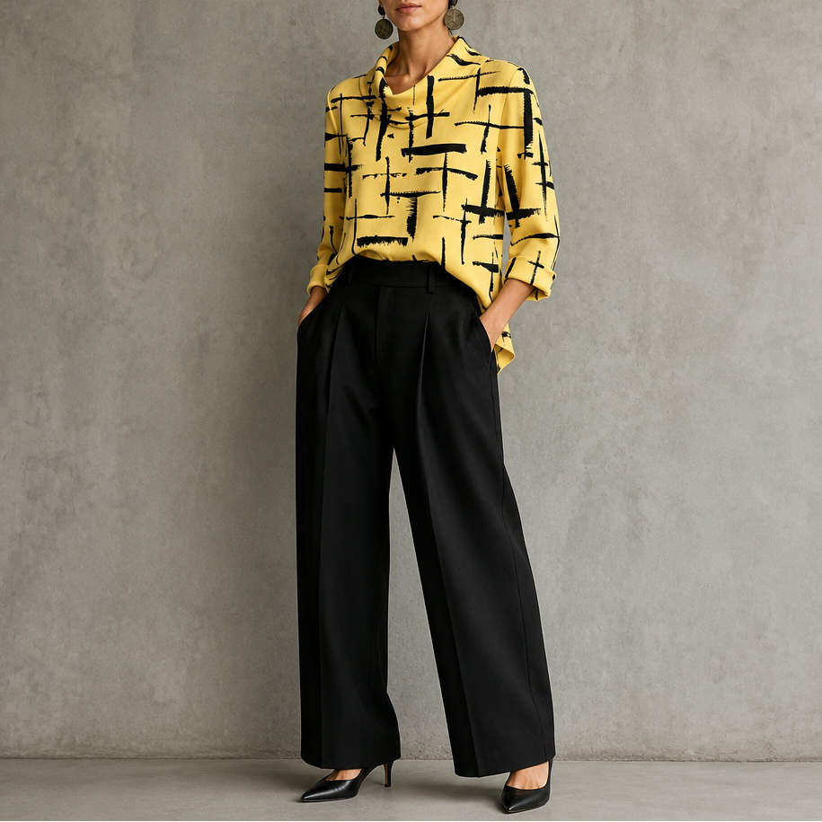 Cowlina | Damen 3/4-Arm Bluse mit Rollkragen und Kreuzmuster
