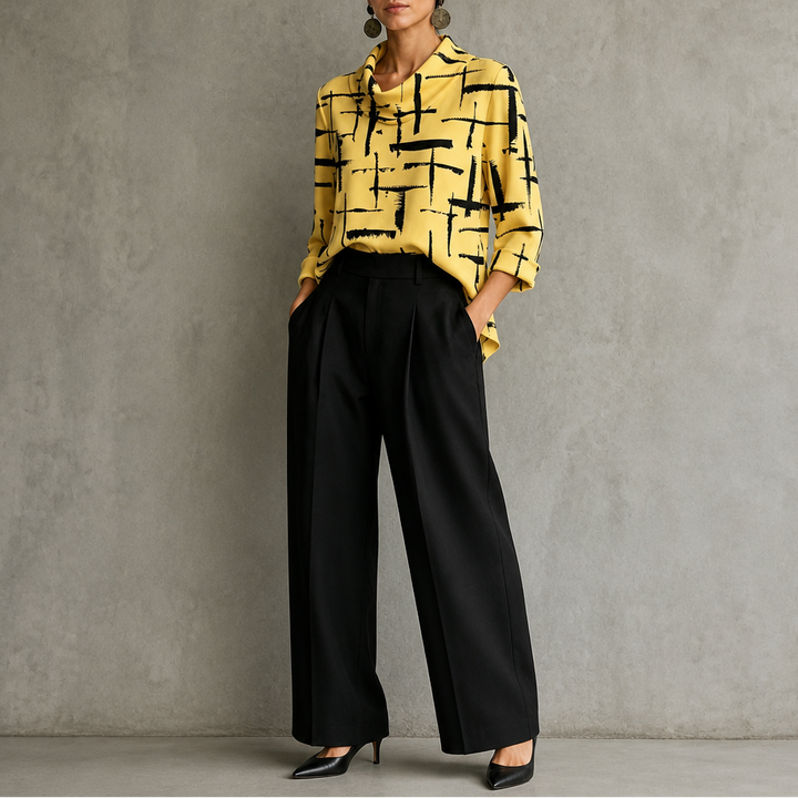 Cowlina | Damen 3/4-Arm Bluse mit Rollkragen und Kreuzmuster