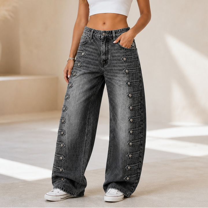 Damen Weite Jeans Mit Seitlicher Schnalle