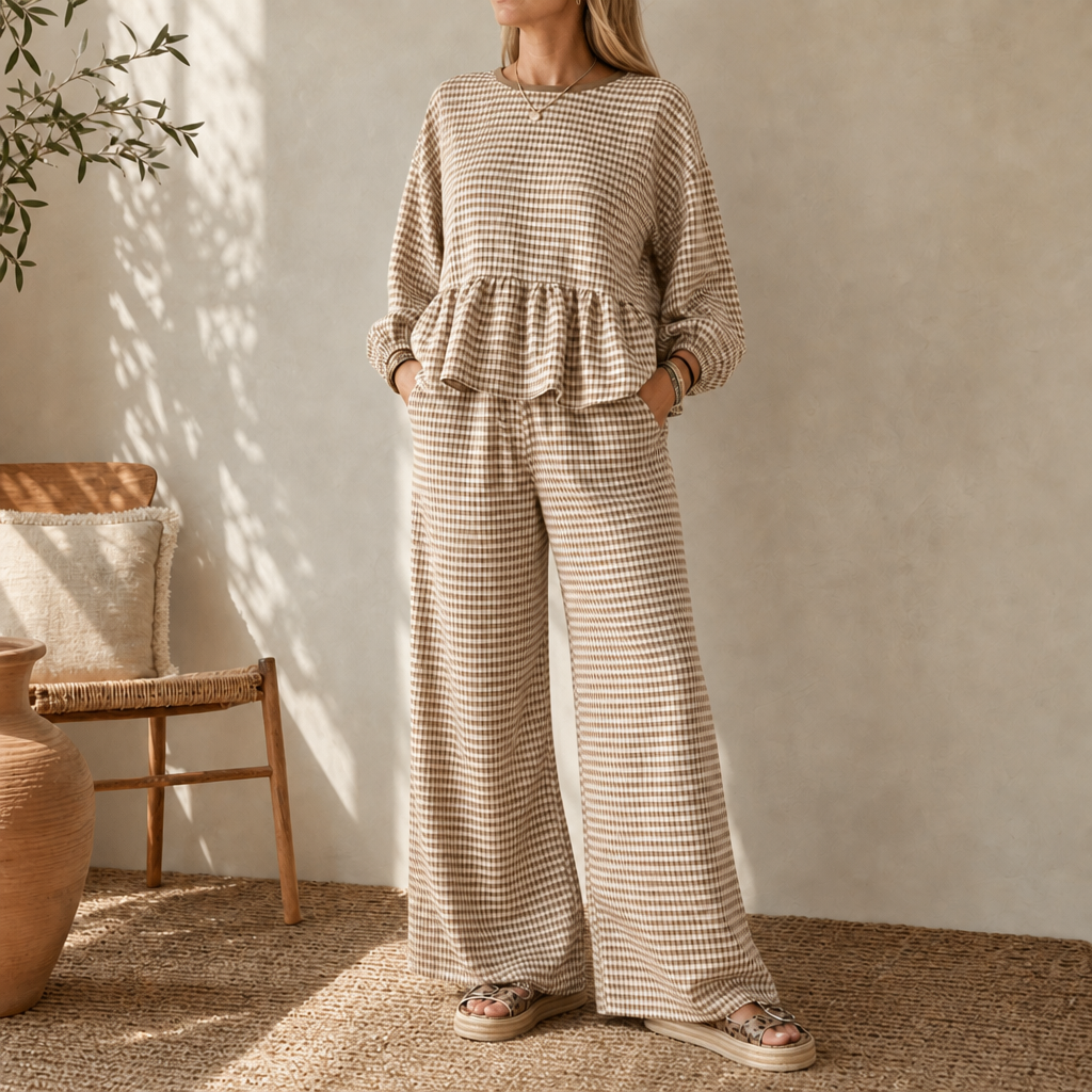 Elara | Gingham-Zweiteiler mit Peplum-Oberteil und weiter Hose