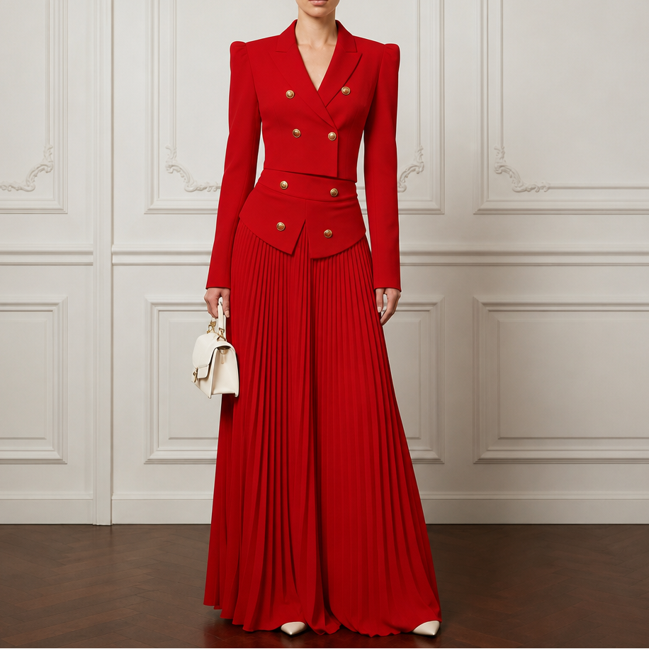 Damen Set Blazer Mit Schulterpolster Und Falten-Midirock