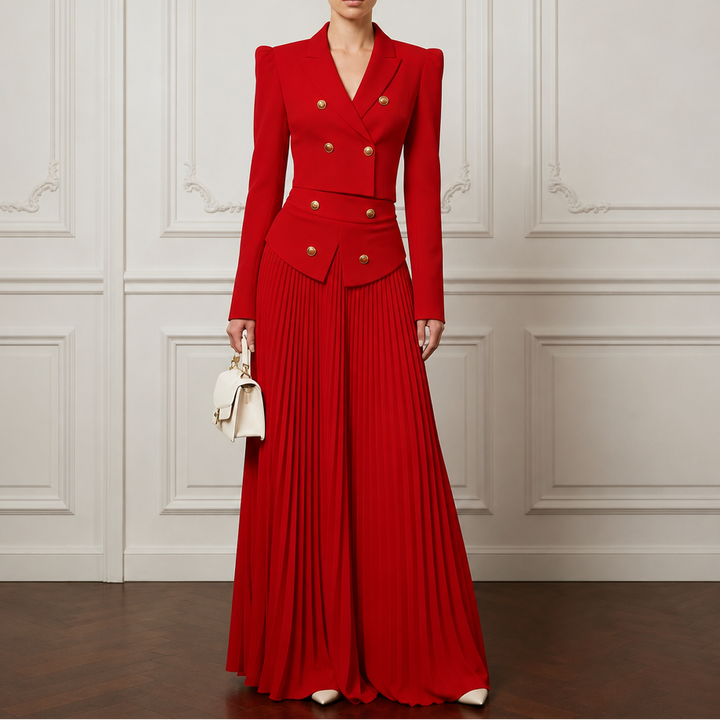 Damen Set Blazer Mit Schulterpolster Und Falten-Midirock
