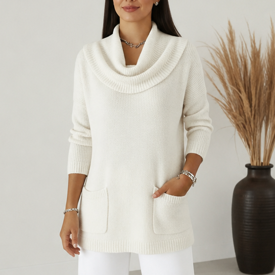 Damen Tunika Pullover Mit Wasserfallkragen