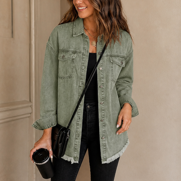 Damen Jeansjacke Mit Fransensaum Vintage Waschung
