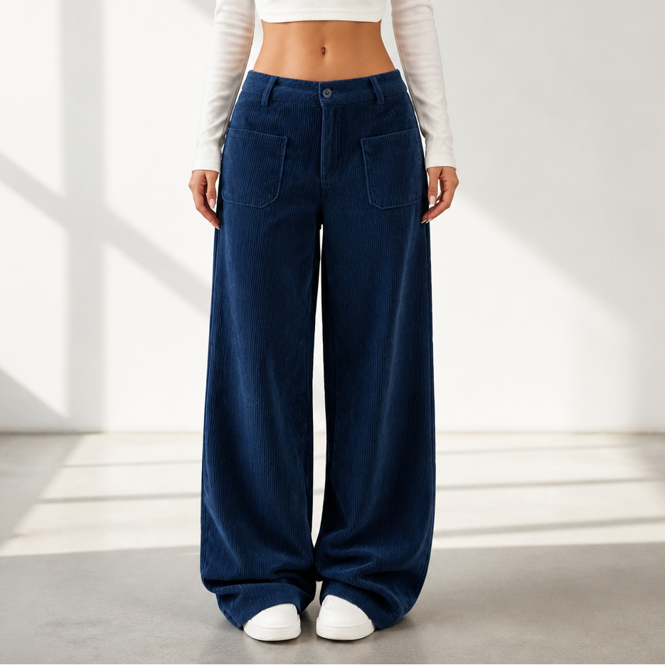 Damen Cordhose Hohe Taille Weites Bein Stretch