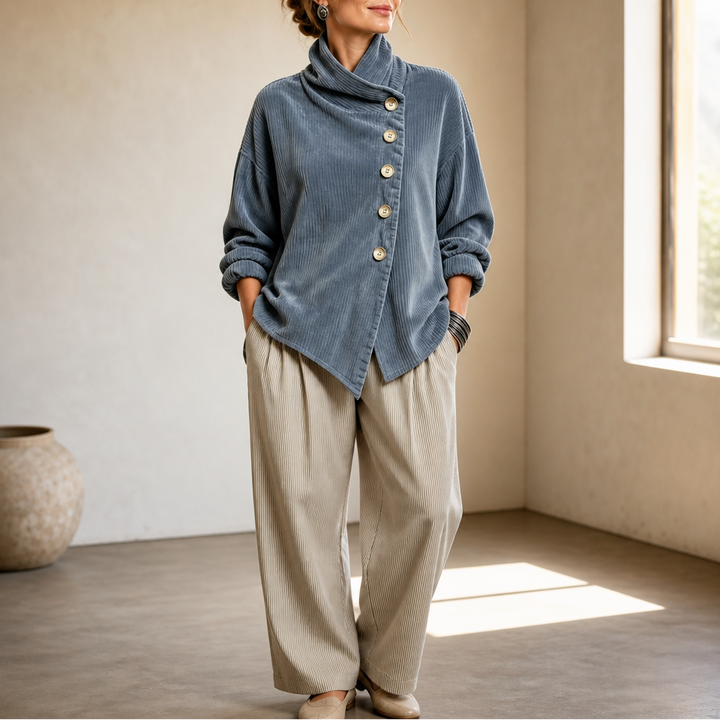 Damen Cord Oberteil Asymmetrische Knopfleiste Mit Stehkragen