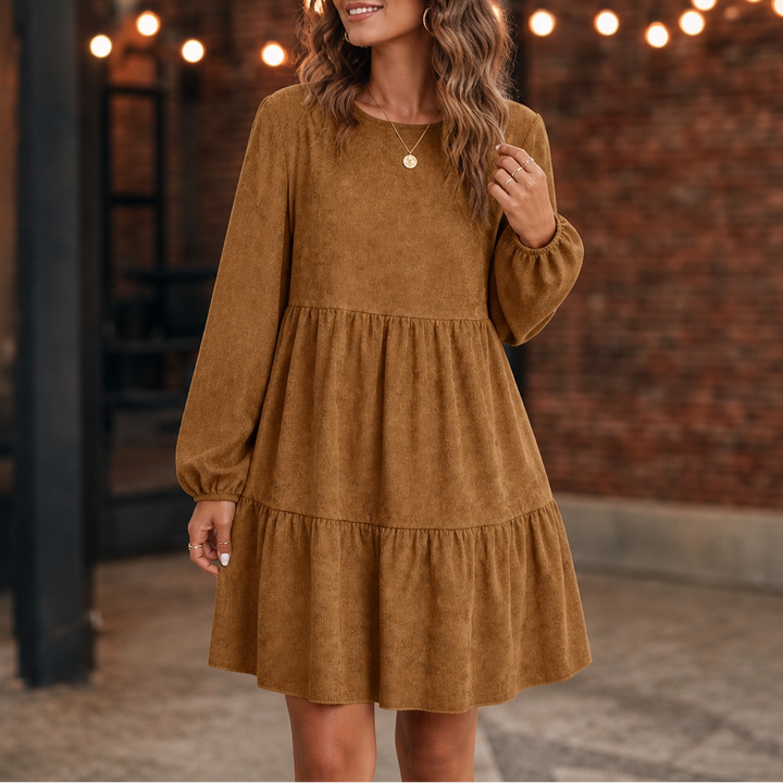 Damen Kleid Langarm Volants Gestuft