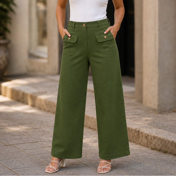 Damen Hose Hohe Taille Weites Bein Mit Knöpfen