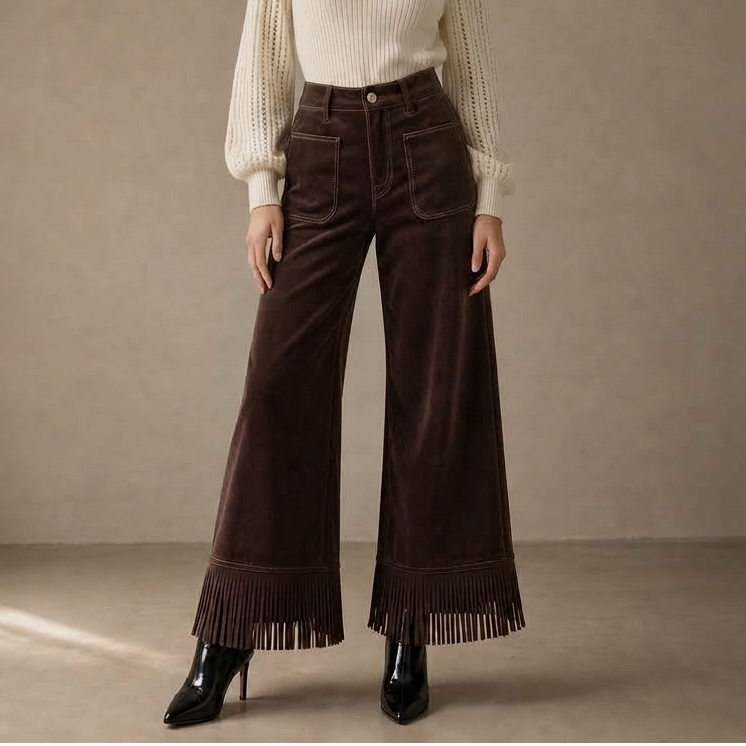 Damen Weite Hose Wildleder Look Mit Fransen