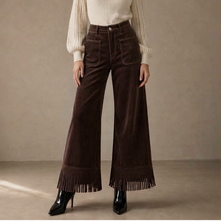 Damen Weite Hose Wildleder Look Mit Fransen