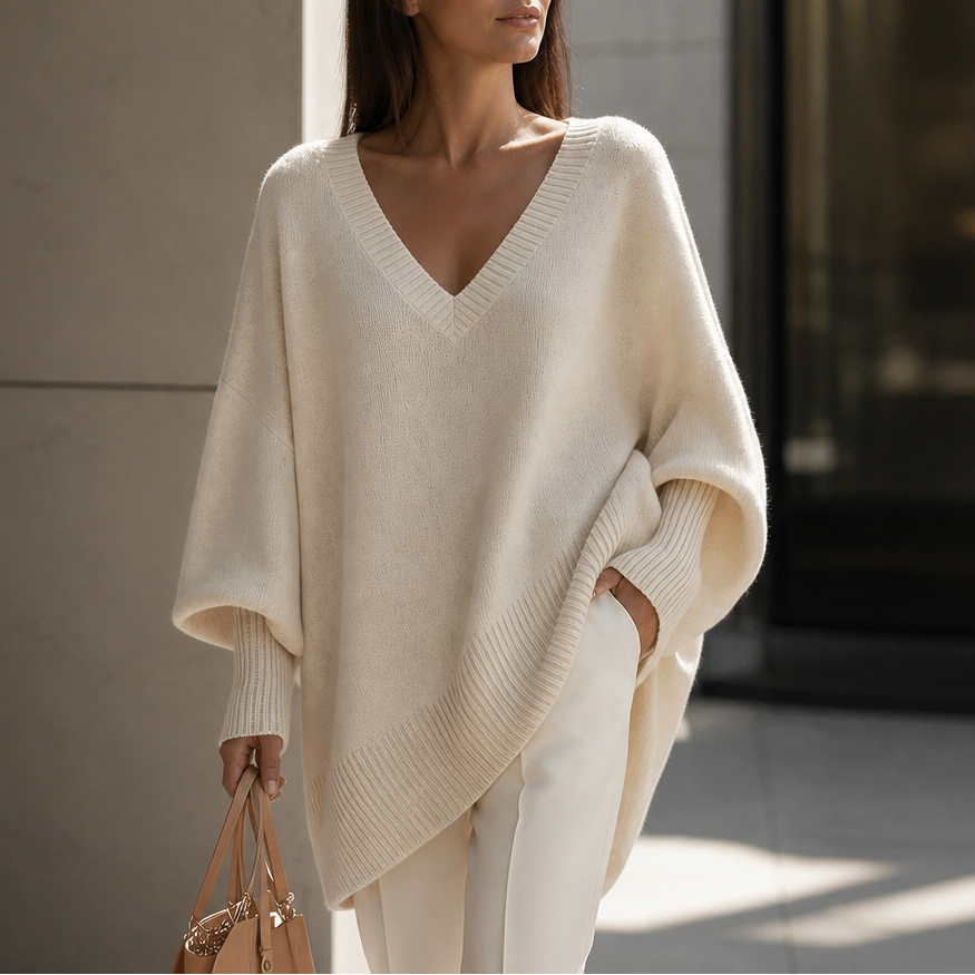 Damen Oversized Pullover V-Ausschnitt Puffärmel