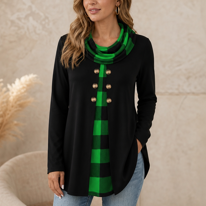 Damen Tunika Longsleeve Mit Karo Detail Zweilagiger Look