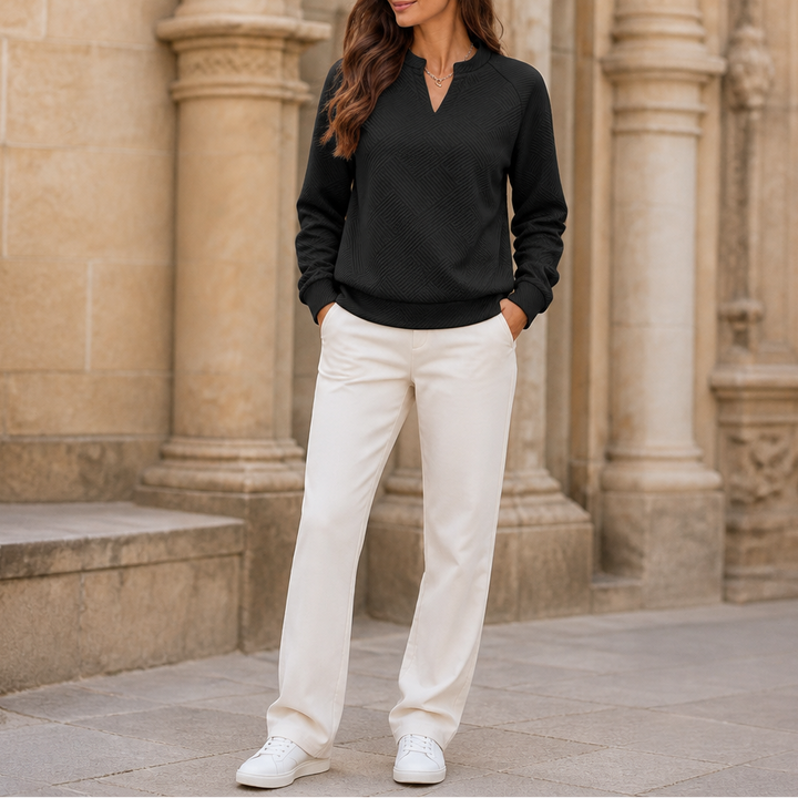 Stripewell | Damen Jacquard-Sweatshirt mit Streifen und V-Ausschnitt