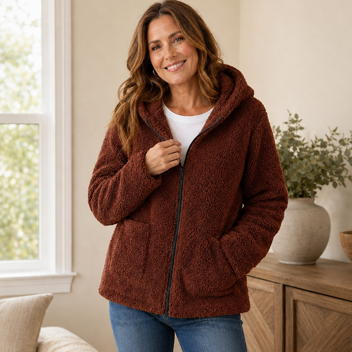 Damen Plüschfleece Jacke Mit Kapuze
