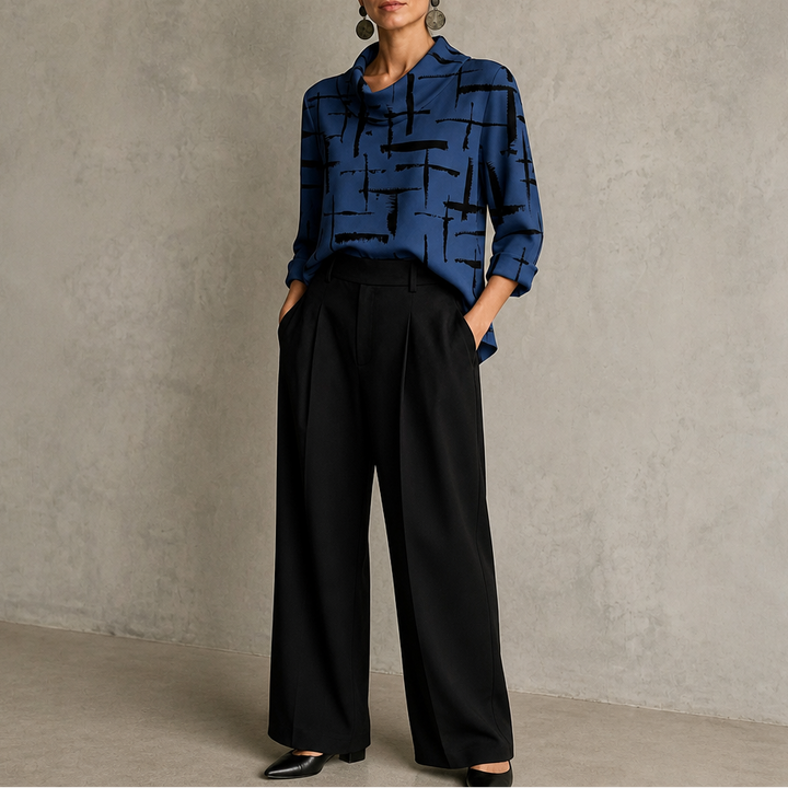 Cowlina | Damen 3/4-Arm Bluse mit Rollkragen und Kreuzmuster