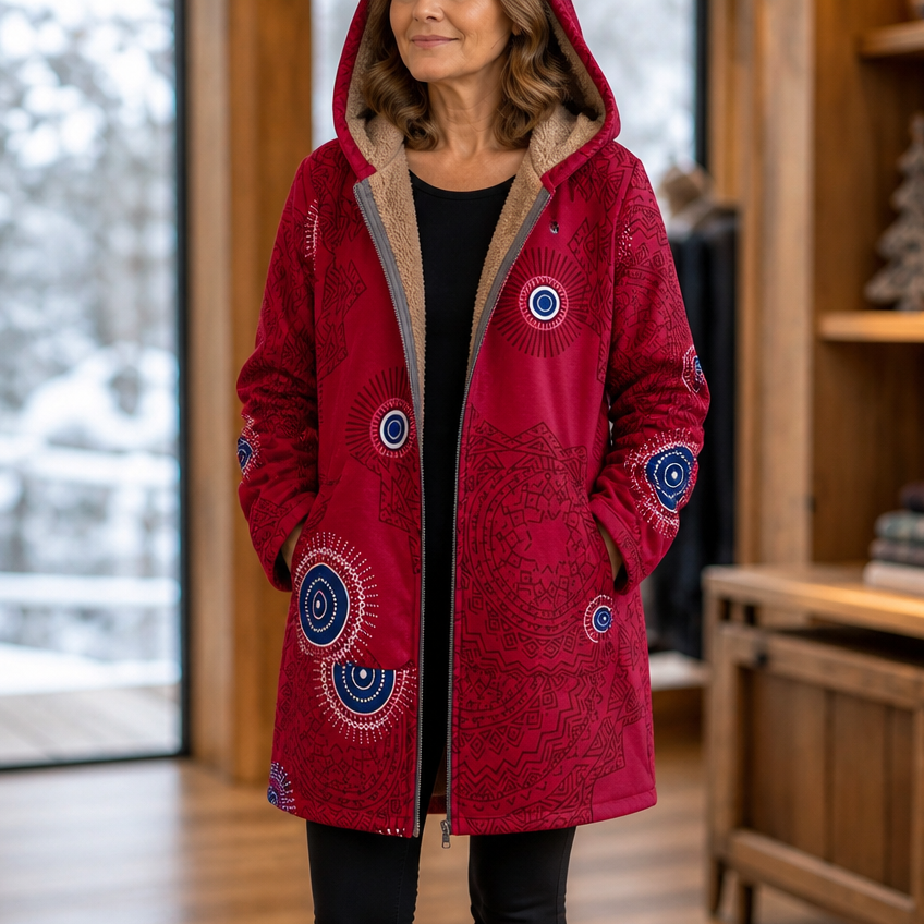 Damen Winterjacke Mit Blattmuster Und Kapuze