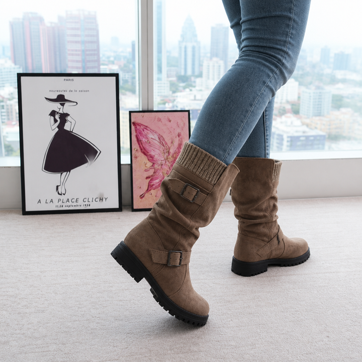 Damen Slouch Stiefel Mit Grober Sohle Und Gerippter Manschette