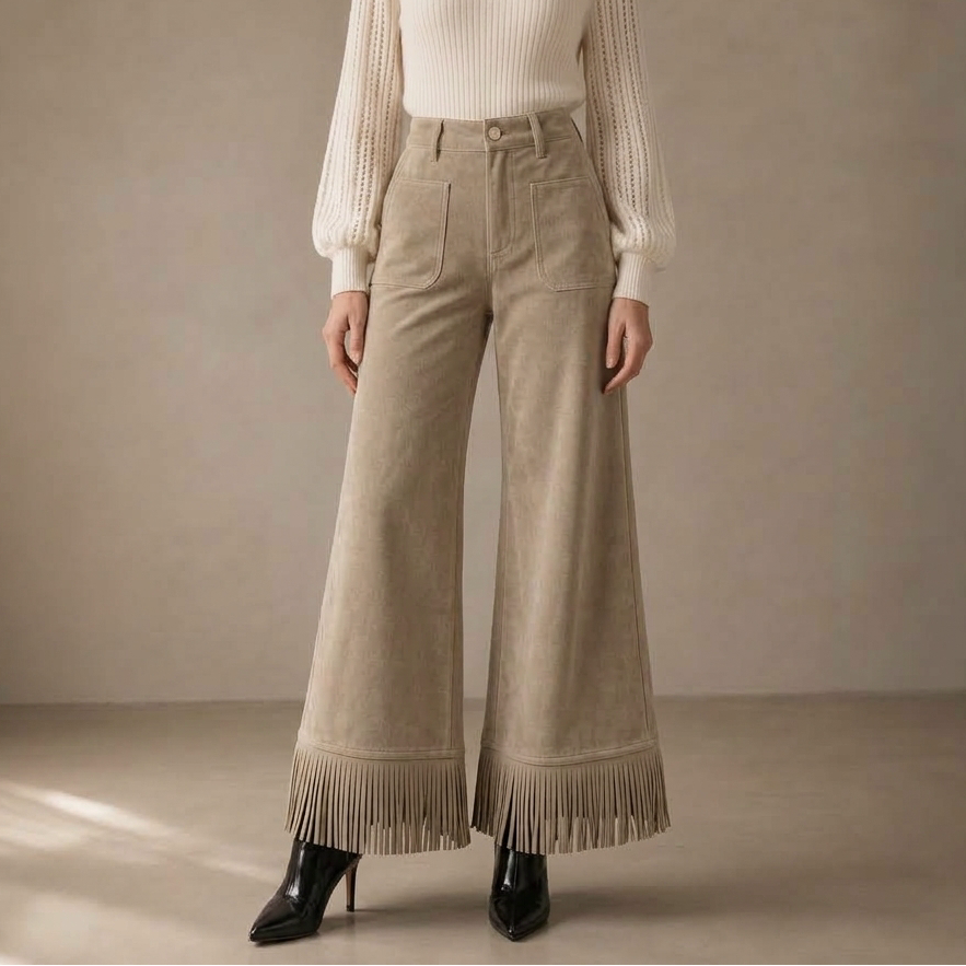 Damen Weite Hose Wildleder Look Mit Fransen