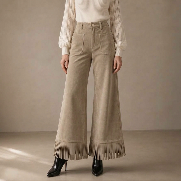 Damen Weite Hose Wildleder Look Mit Fransen