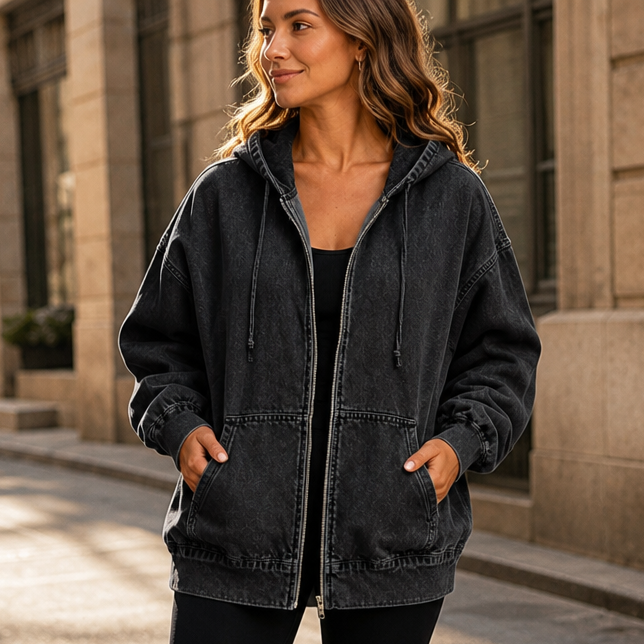 Damen Jeansjacke mit Kapuze und Reißverschluss, Oversized