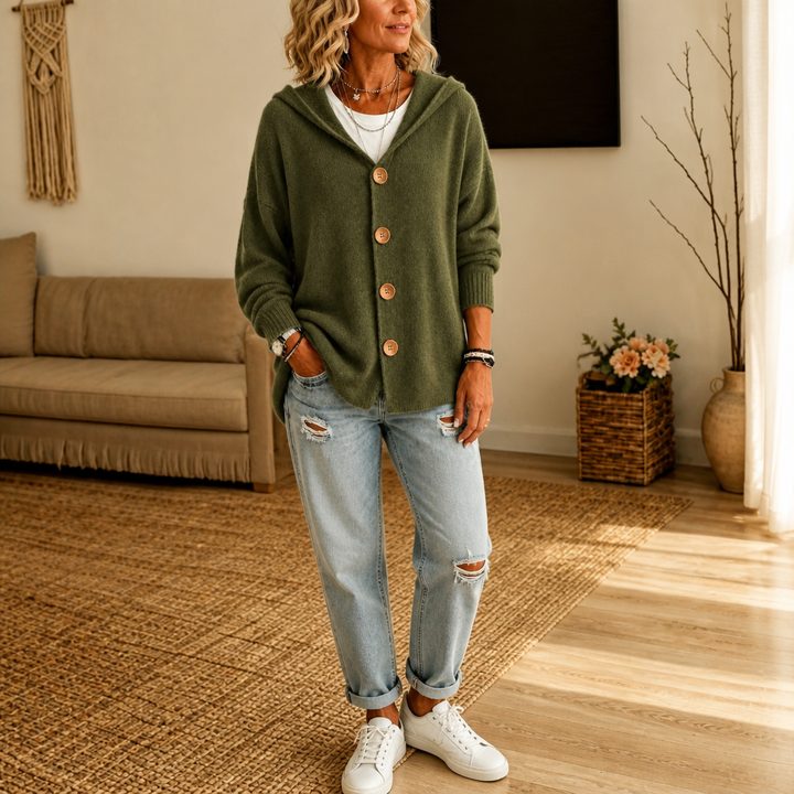 Damen Waffelstrick Cardigan Mit Kapuze Und Knopfleiste