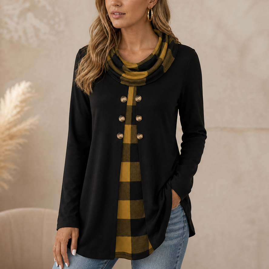 Damen Tunika Longsleeve Mit Karo Detail Zweilagiger Look