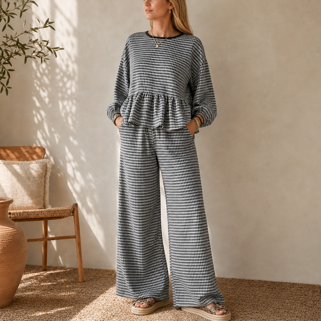 Elara | Gingham-Zweiteiler mit Peplum-Oberteil und weiter Hose