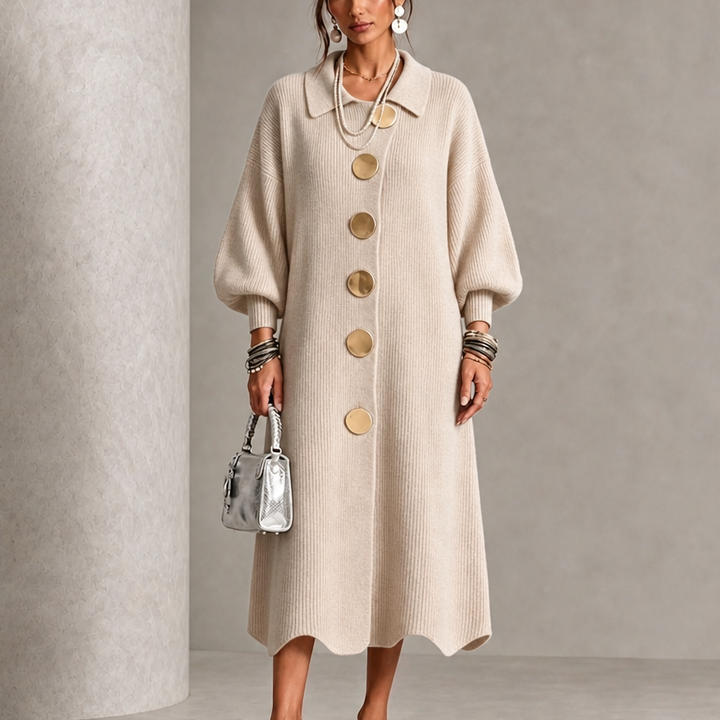 Damen Rippstrick Maxikleid Mit Laternenärmeln Und Goldenen Knöpfen
