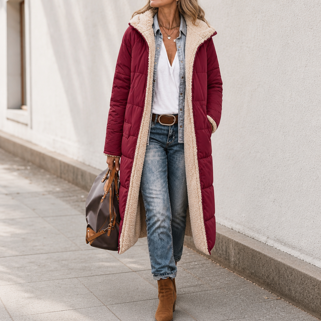 Damen Wendemantel Steppstoff Und Sherpa