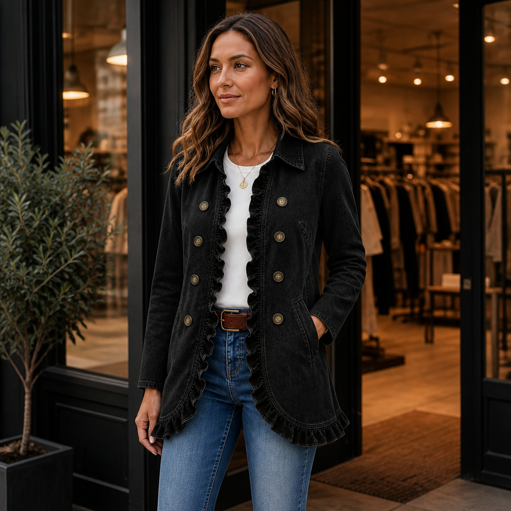 Damen Jeansjacke Mit Rüschen Und Knopfleiste