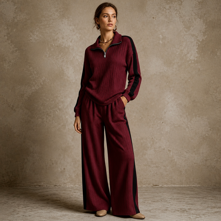 Damen Loungewear-Set geripptes Oberteil mit Halbreißverschluss und weiter Hose
