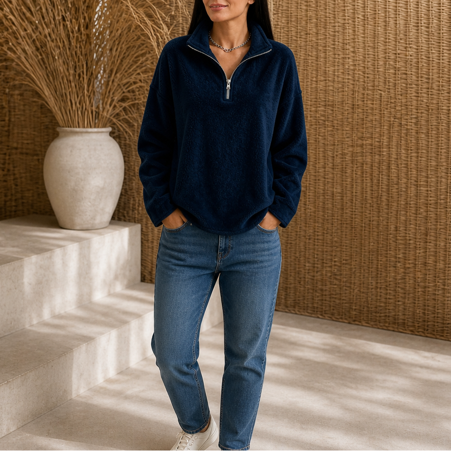 Damen Drop Shoulder Pullover Mit Viertel Reißverschluss