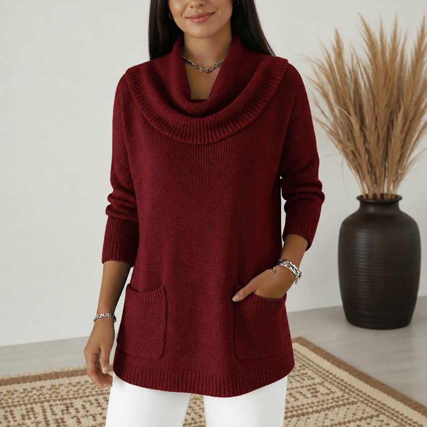 Damen Tunika Pullover Mit Wasserfallkragen