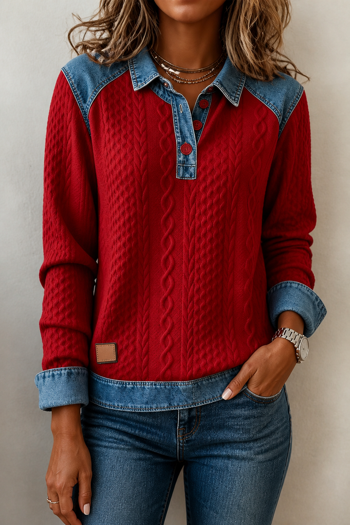 Damen Bluse Mit Denim Patchwork Und Strick