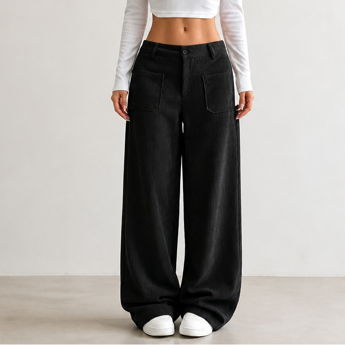 Damen Cordhose Hohe Taille Weites Bein Stretch