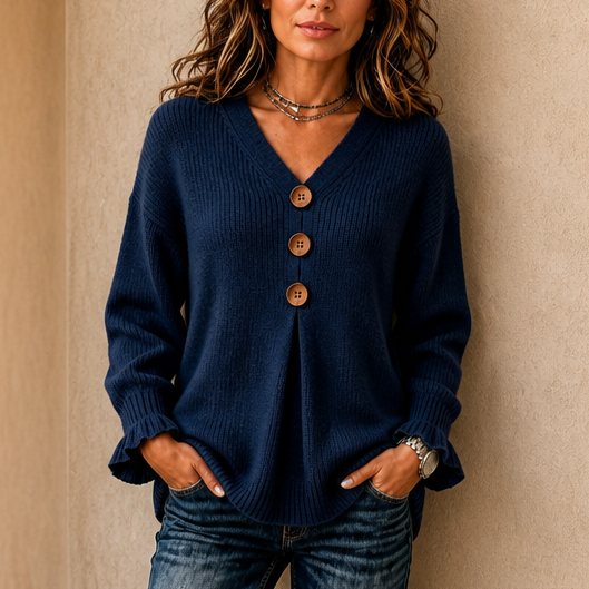Vellora | Damen Strickpullover mit V-Ausschnitt und Knopfdetails