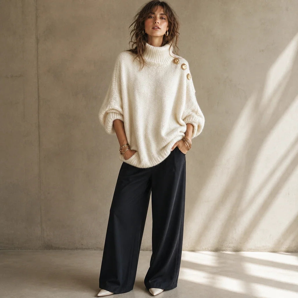 Strickpullover mit Rollkragen und Zierknöpfen an der Schulter