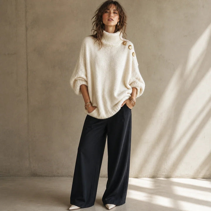 Strickpullover mit Rollkragen und Zierknöpfen an der Schulter