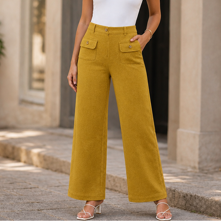 Damen Hose Hohe Taille Weites Bein Mit Knöpfen