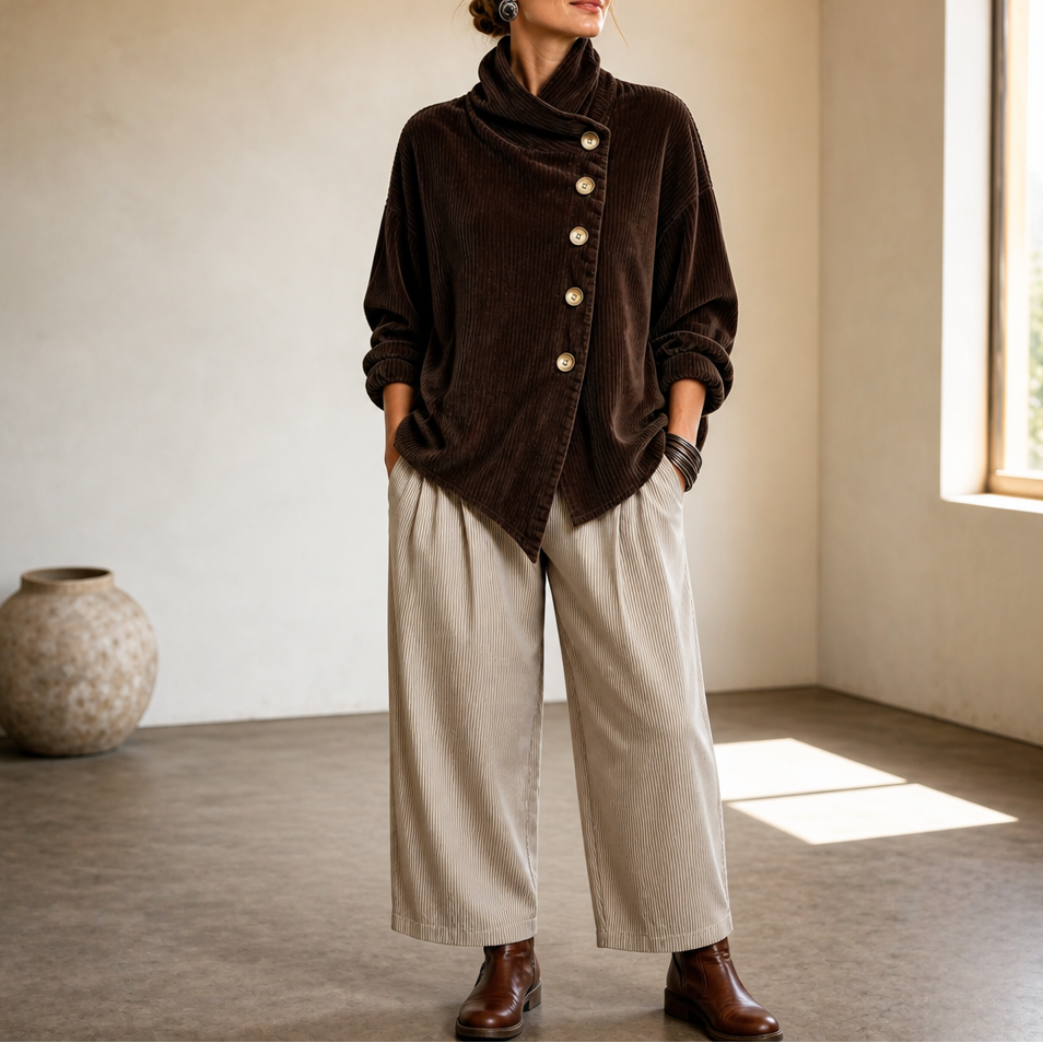 Damen Cord Oberteil Asymmetrische Knopfleiste Mit Stehkragen