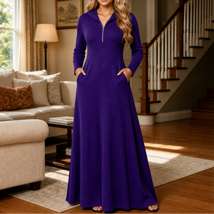 Damen Rippstrick Maxikleid Mit Kapuze