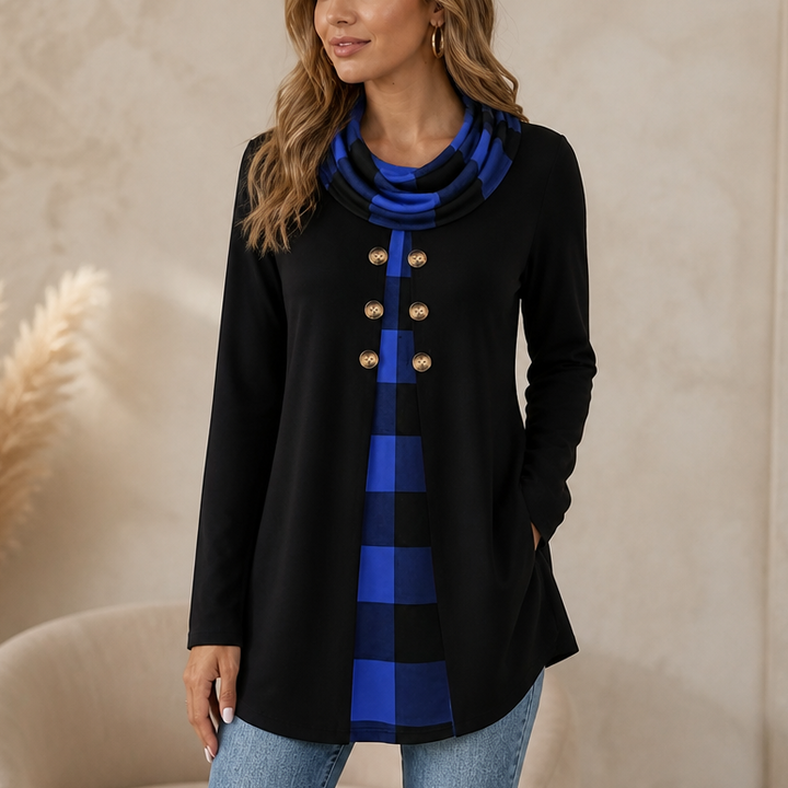 Damen Tunika Longsleeve Mit Karo Detail Zweilagiger Look