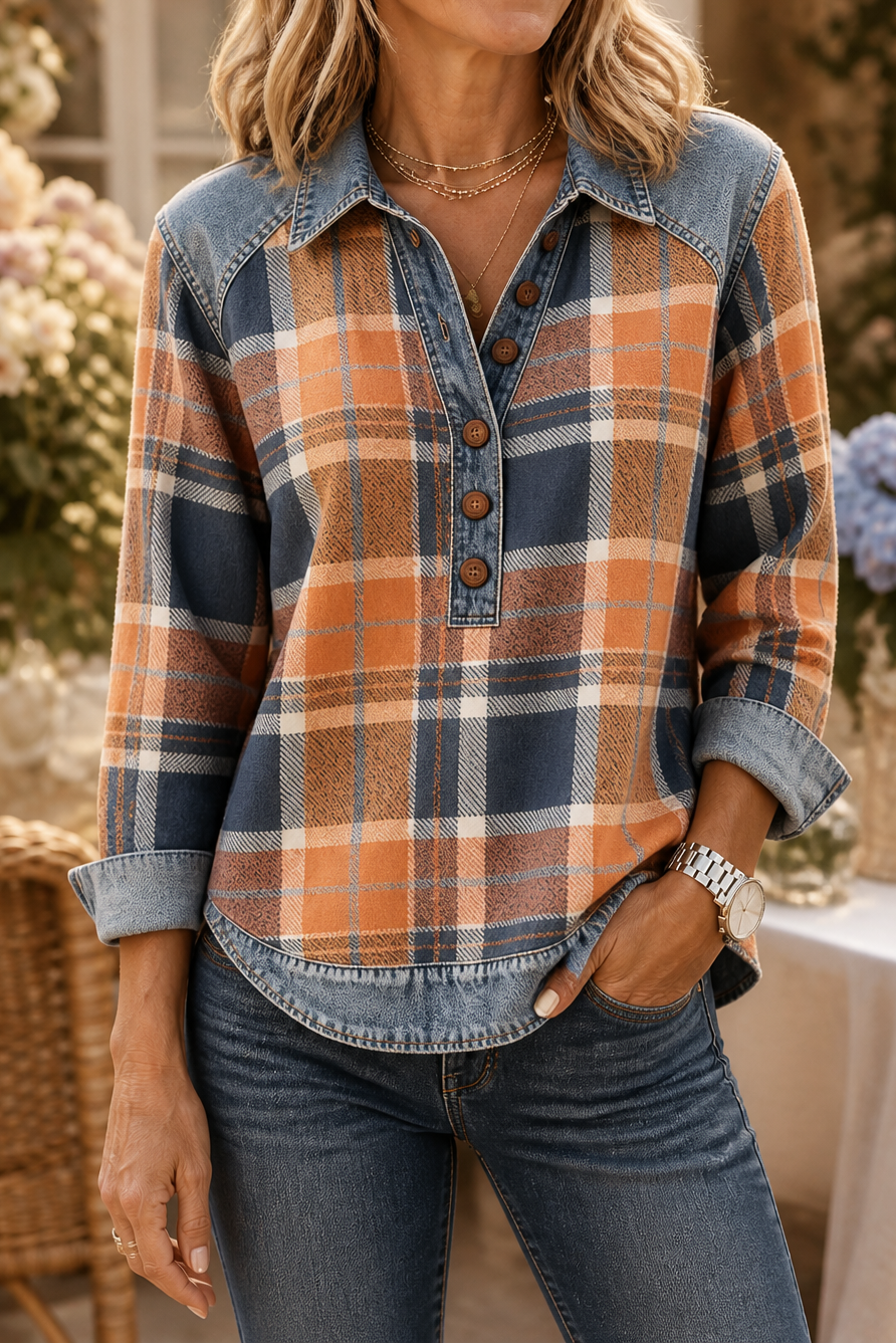 Damen Bluse Mit Denim Patchwork Und Strick