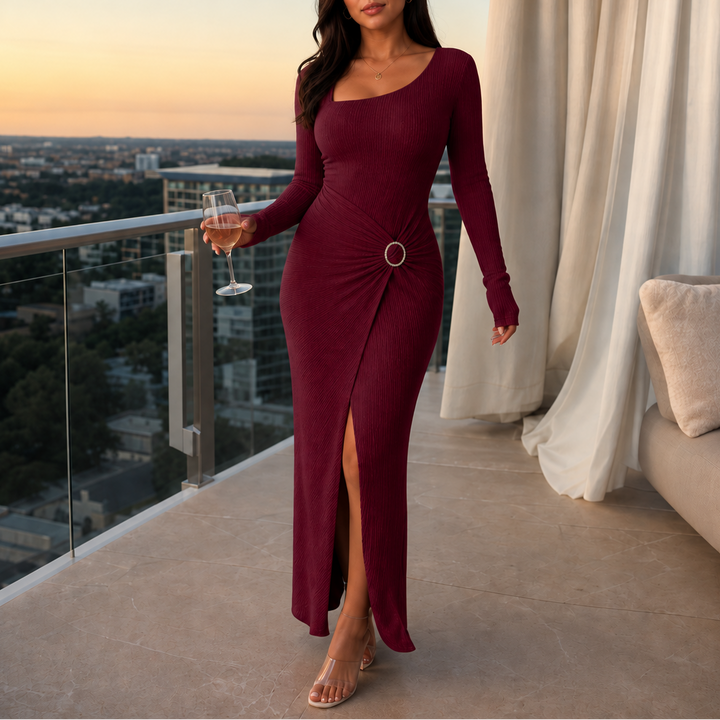 Damen Strickkleid Gerippt Mit Asymmetrischem Ring